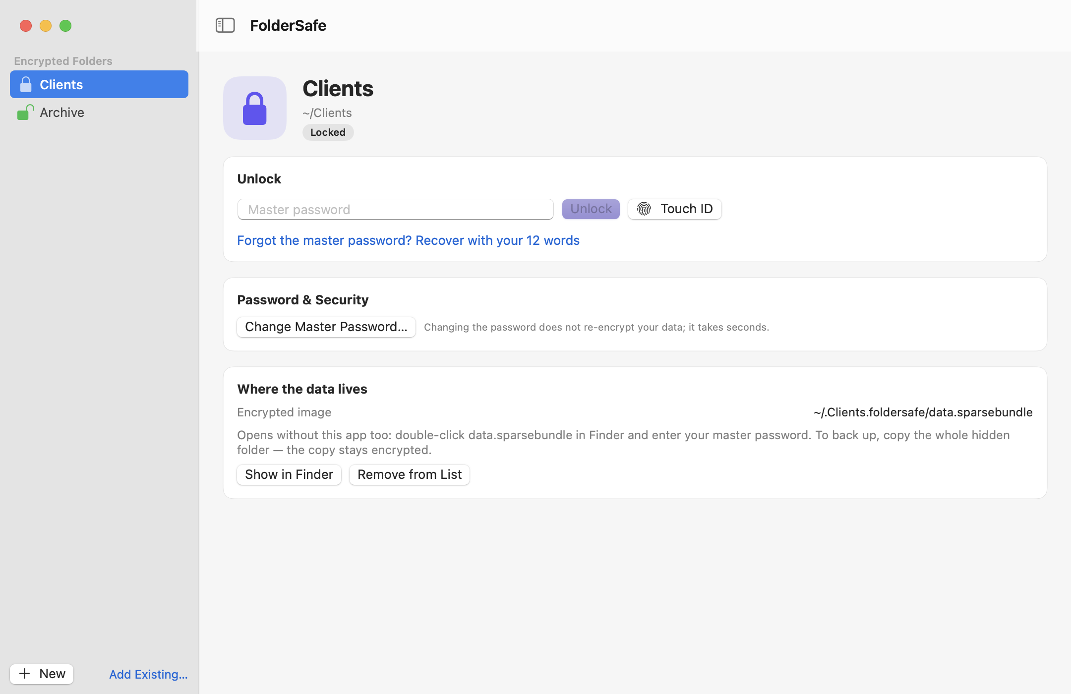 A locked FolderSafe folder with a password field, a Touch ID button and a link to recover with the 12-word phrase.